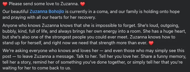 Her sister urged everyone to pray in a social media post (Facebook)