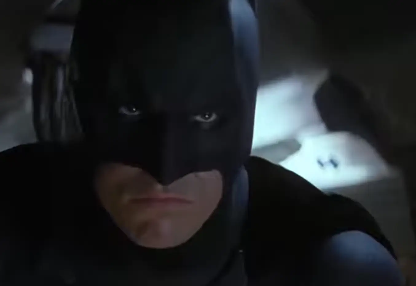 Right here Batman is literally standing on the device that vaporises all water around it, but not the water in him. (Warner Bros) 