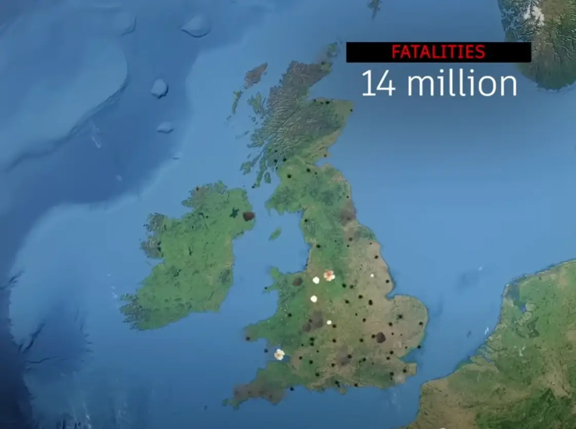 It shows explosions across the UK. (YouTube / Visualiser 3D)
