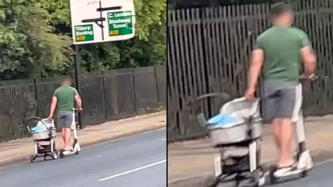 'Reckless' Man Drags Pram Down Busy Road While Riding E-Scooter