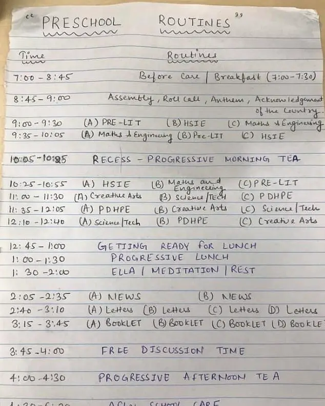 The horrified mum asked other parents what they thought of the strict schedule.