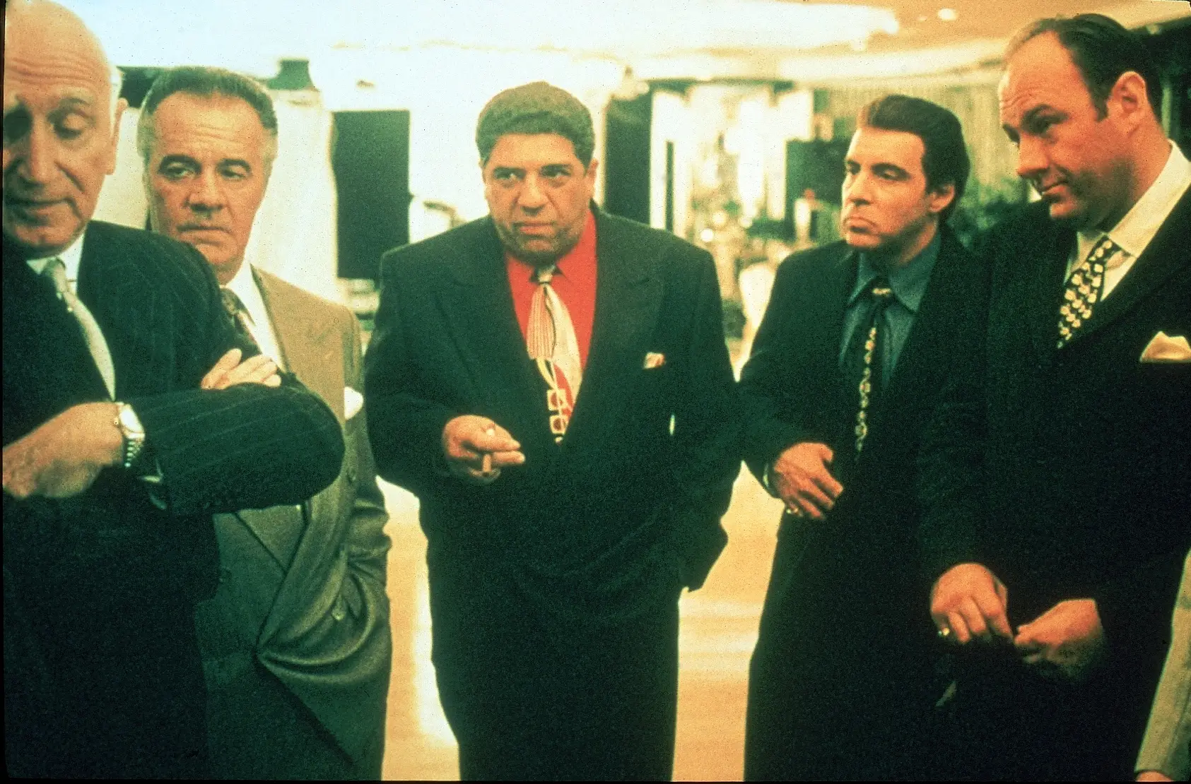 Actors Dominic Chianese, Tony Sirico, Vincent Pastore, Steve Van Zandt & James Gandolfini in scene from HBO TV drama series The Sopranos. Picture by Anthony Neste/Getty Images.