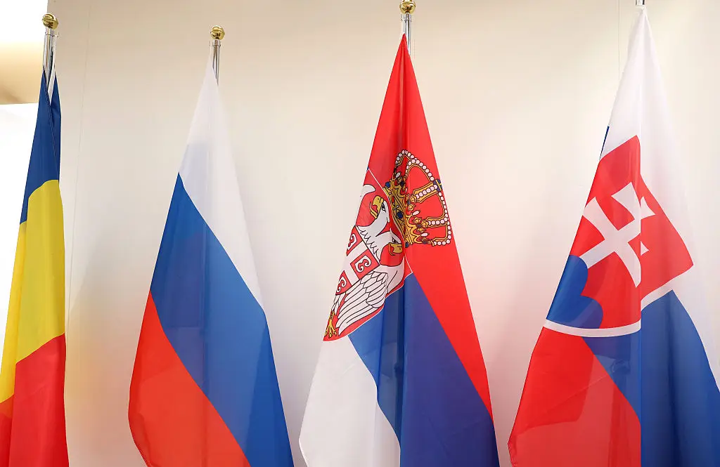 Flags of Romania, Russia, Serbia and Slovakia are displayed in the Paralympic Village ahead of the Milano Cortina 2026 Winter Paralympic Games (Linnea Rheborg/Getty Images for IPC)