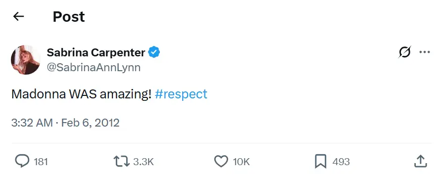 Sabrina Carpenter's been a fan of Madonna for a long time (X/@SabrinaAnnLynn)