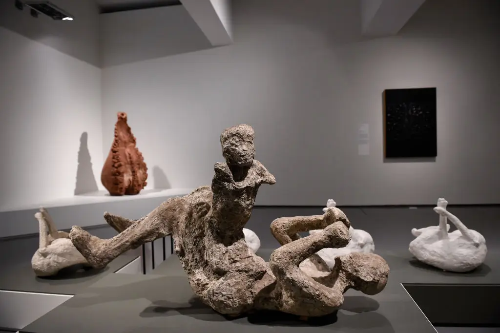 Cast of a man with a child, both of whom died in Pompeii (Marilla Sicilia/Archivio Marilla Sicilia/Mondadori Portfolio via Getty Images)