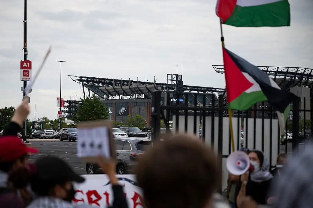 The protest near the venue on Saturday night (Joe Lamberti/Getty Images)