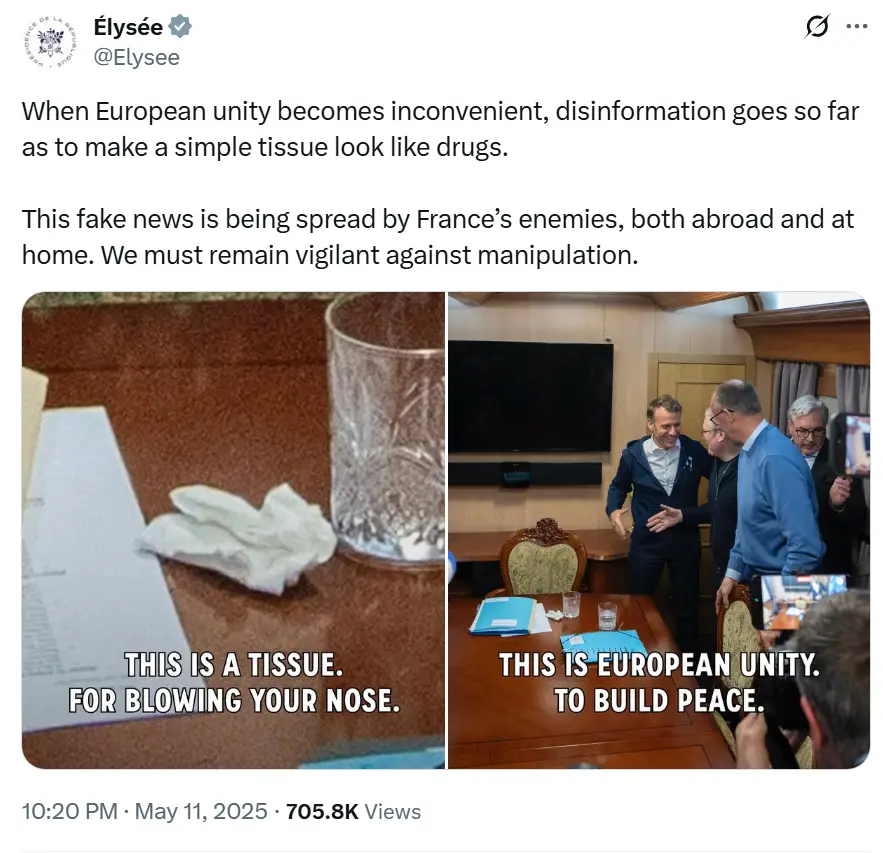 The Russians tried to claim a tissue was a bag of cocaine (X/@Elysee)