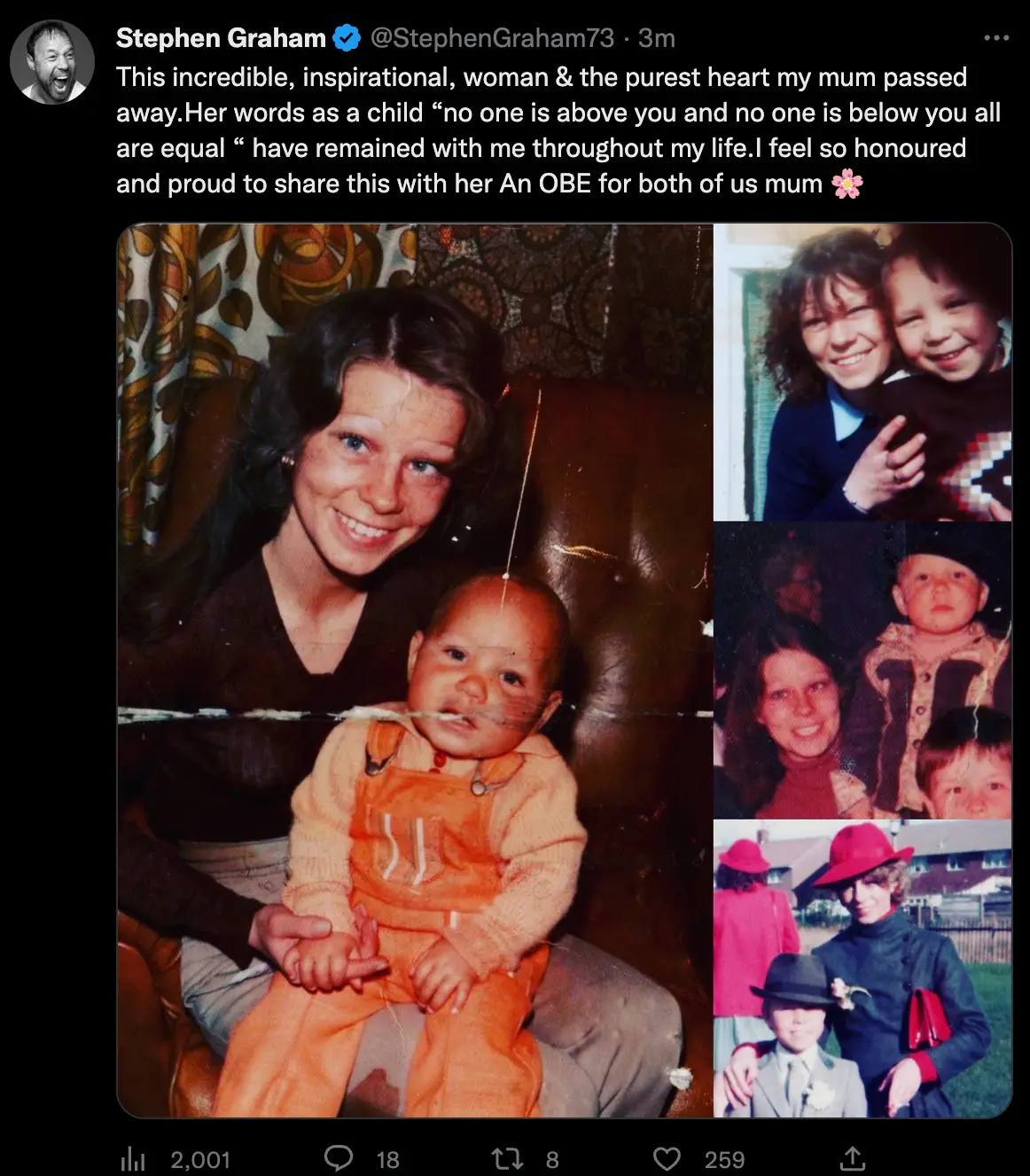 Stephen Graham has dedicated his OBE to his mum.