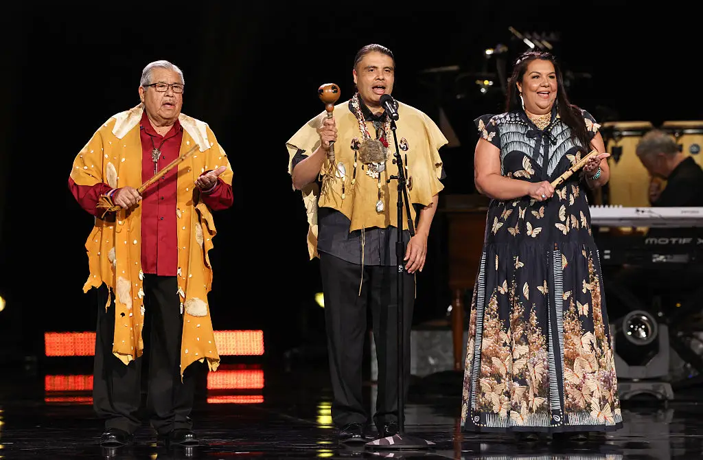 Members of the Tongva community performed at the Grammy Awards Premiere Ceremony (VALERIE MACON / AFP via Getty Images)