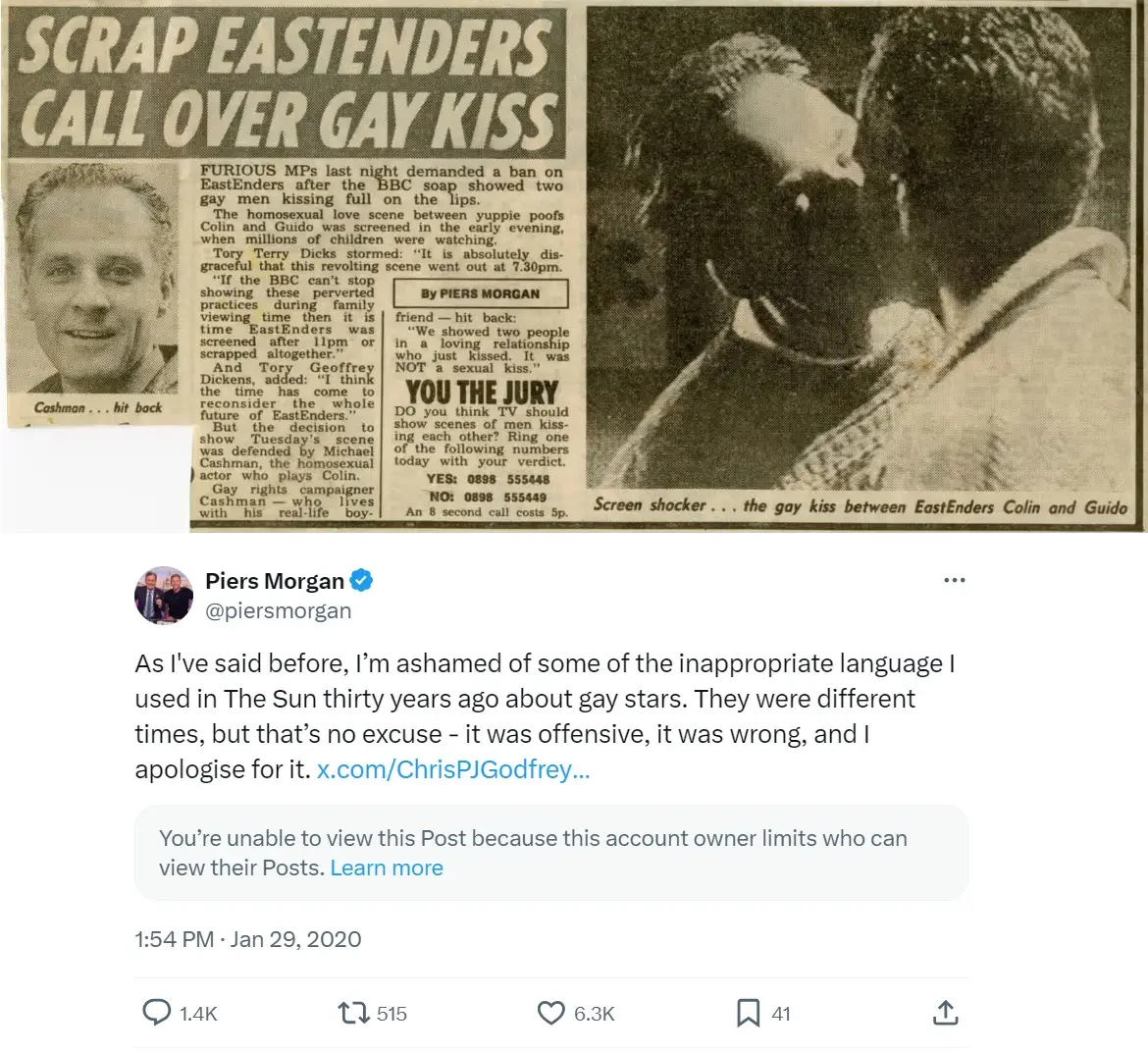 This was part of the reaction when the kiss was first broadcast, Piers Morgan later apologised for some of the language used. (The Sun/X/@piersmorgan)