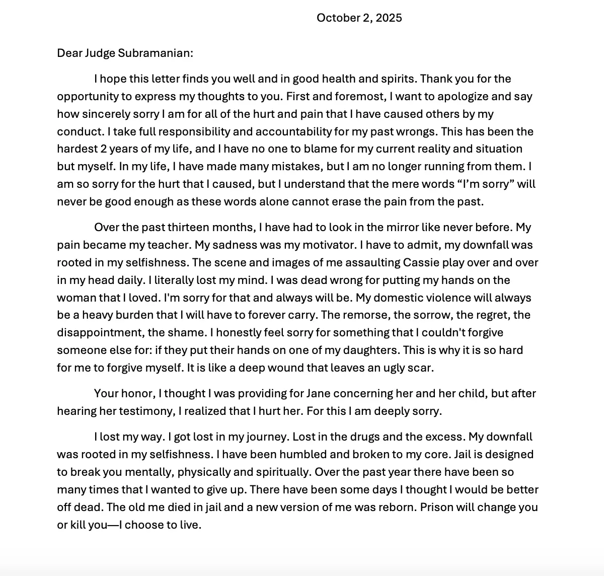 Diddy wrote four pages to the judge.