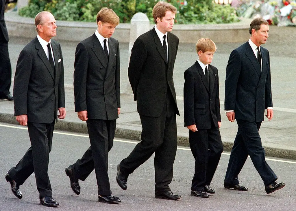 The Duke of Edinburgh, Prince William, Earl Spencer, Prince Harry and Prince Charles during the funeral service for Diana (Getty)