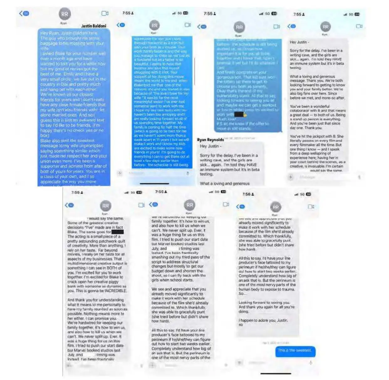 Full texts exchanged between Ryan Reynolds and Justin Baldoni about Blake Lively (Justin Baldoni via TheLawsuitInfo.com)