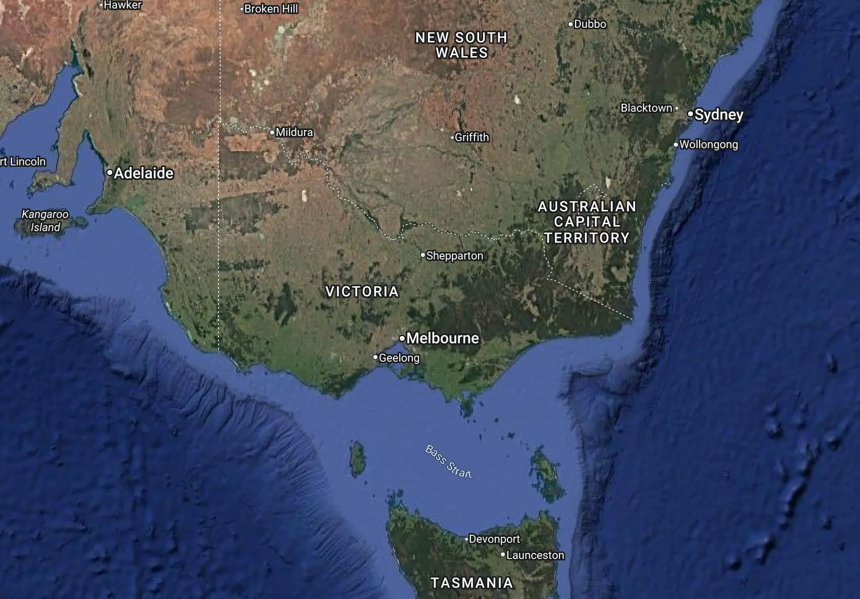 The light aircraft was flying from Tasmania to New South Wales (Google Maps)