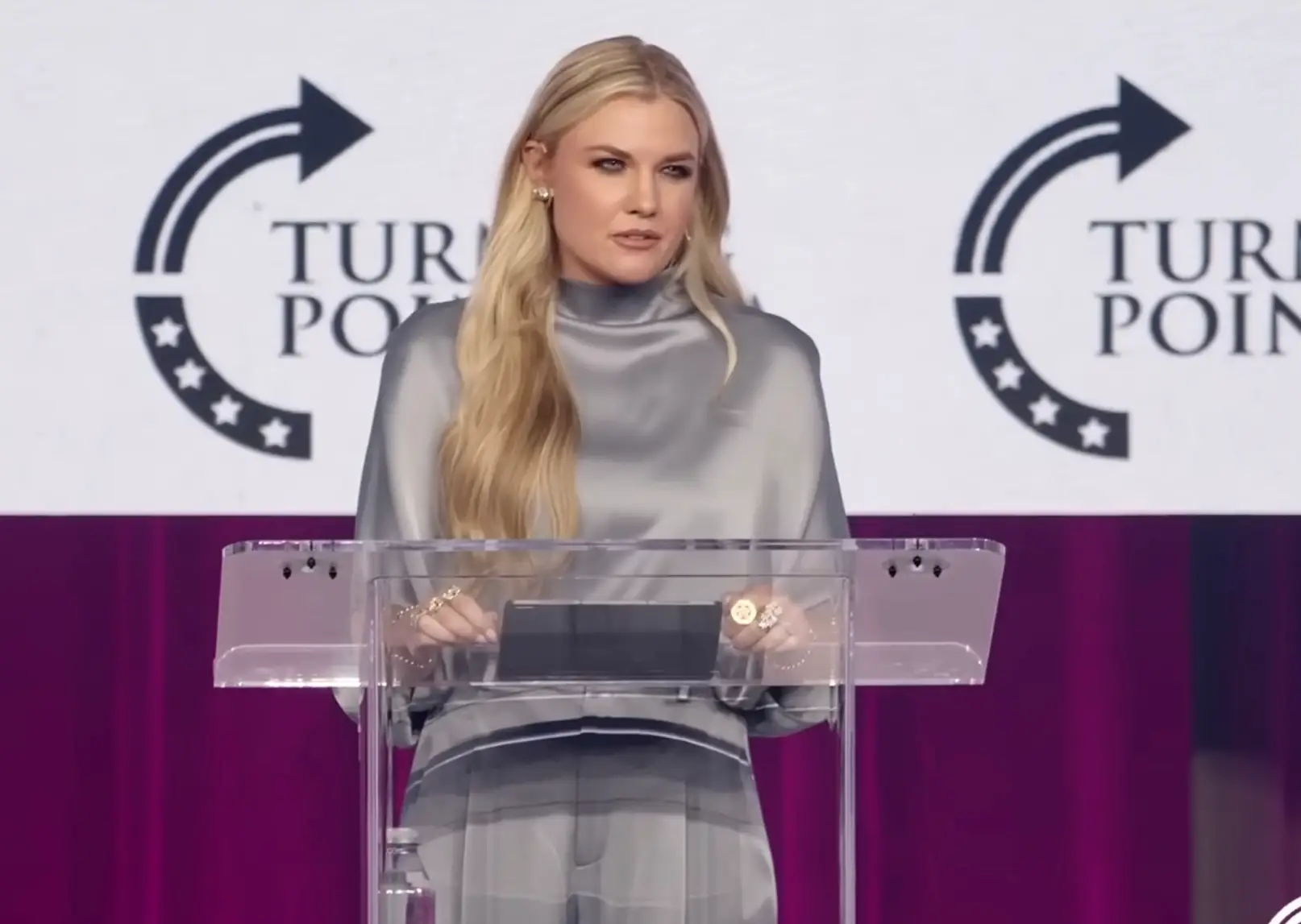 Erika Kirk also faced hecklers while she on stage at the event in Texas (YouTube/Turning Point USA)