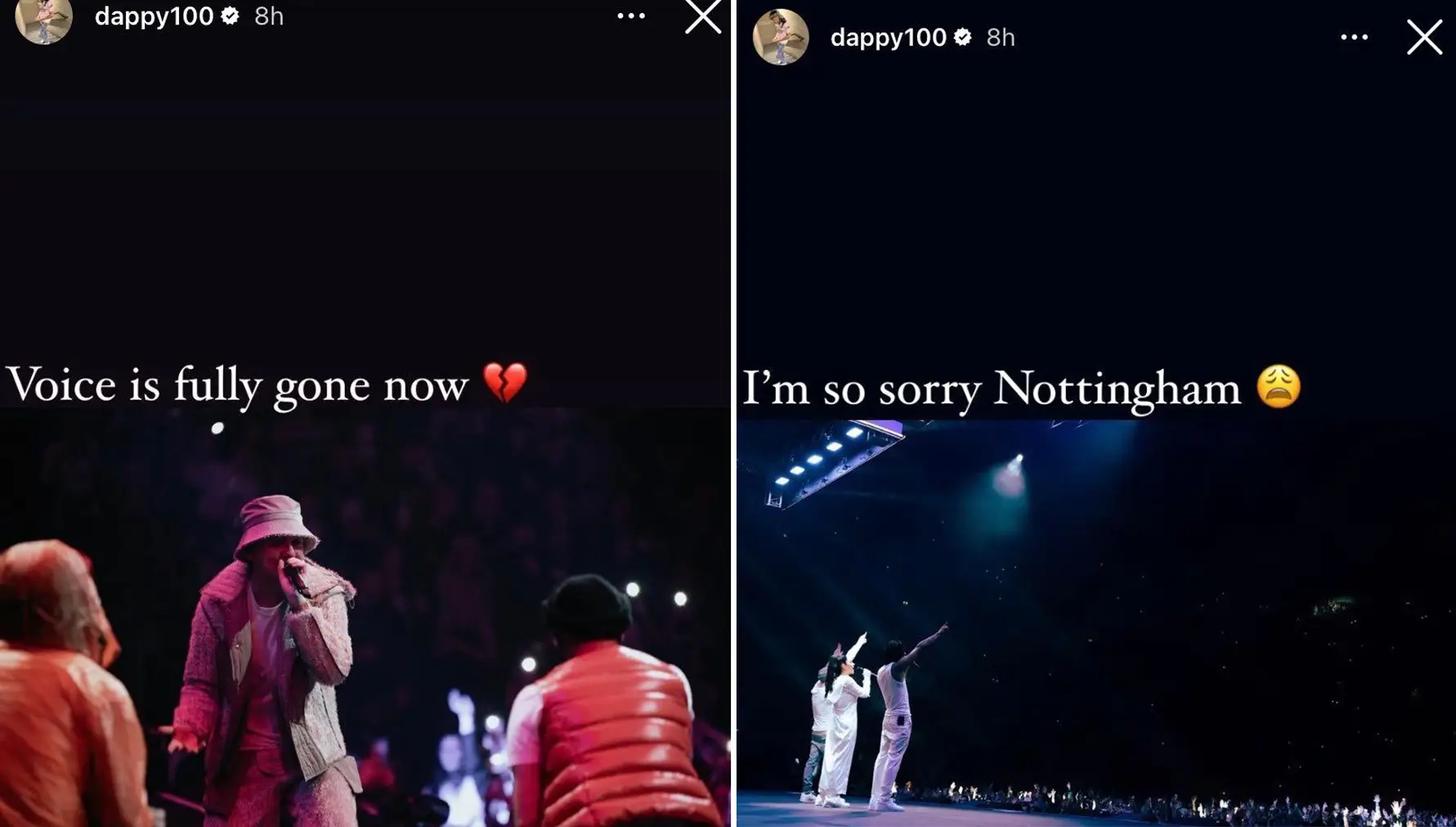 The rapper said his voice had 'fully gone'.