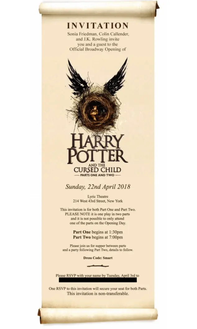 The invite sent to Jeffrey Epstein for the opening night of The Cursed Child (House Democrats)