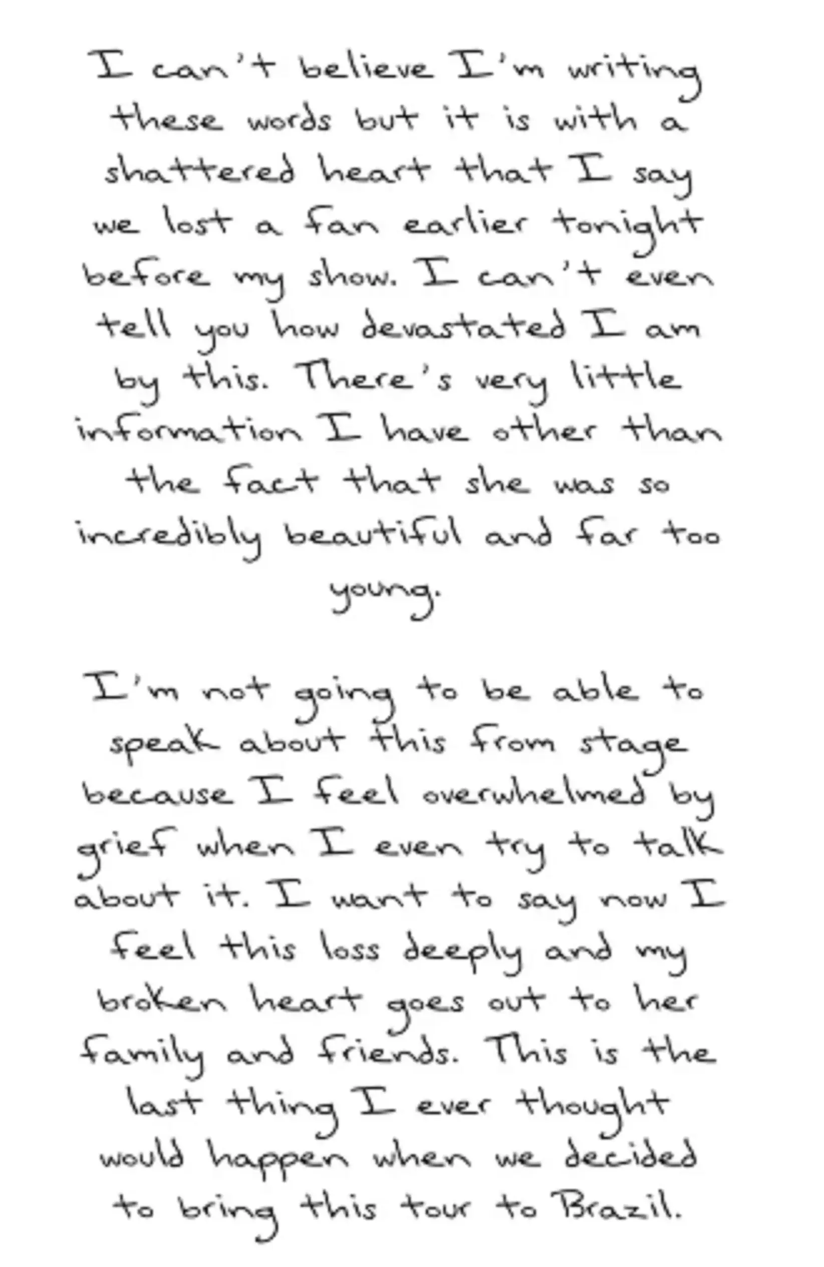 Taylor Swift shared a letter to Instagram sharing her condolences.