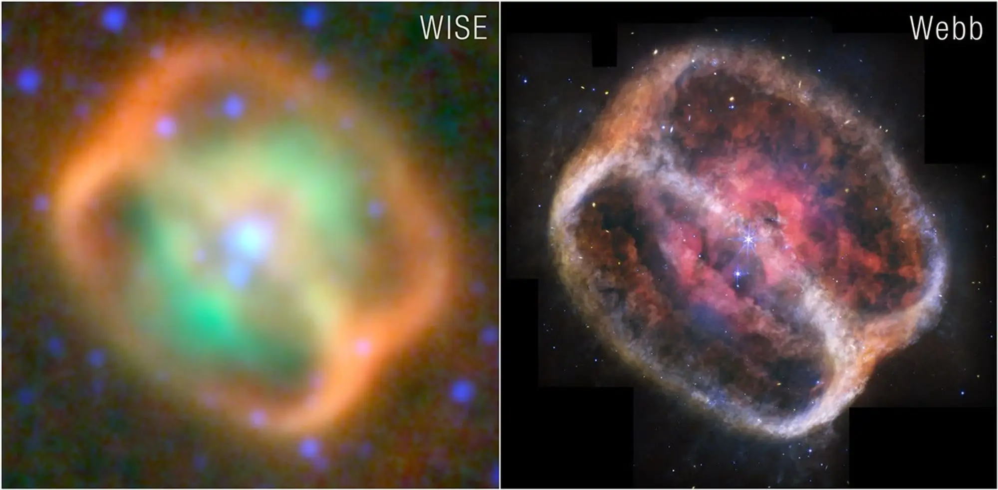 Old pictures of NGC 1514 vs the newest ones, revealed yesterday (NASA, ESA, CSA, STScI, NASA-JPL, Caltech, UCLA, Michael Ressler (NASA-JPL), Dave Jones (IAC))