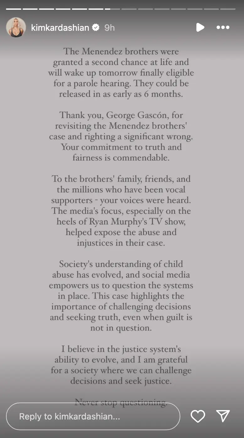 Kim Kardashian released a statement following the news (Instagram/kimkardashian)