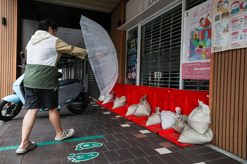 Sandbags and flood barriers have been placed outside buildings as Typhoon Champi approaches Taiwan (I-Hwa Cheng / AFP via Getty Images)