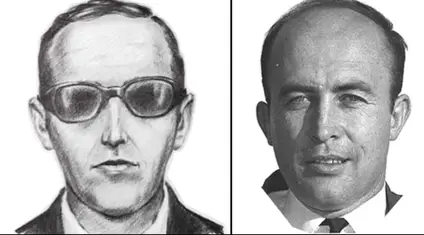 A sketch of DB Cooper and a photo of Sheridan Peterson.
