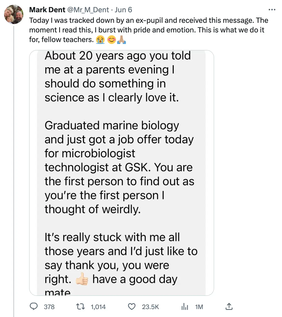 Mark shared the heartfelt message on Twitter.