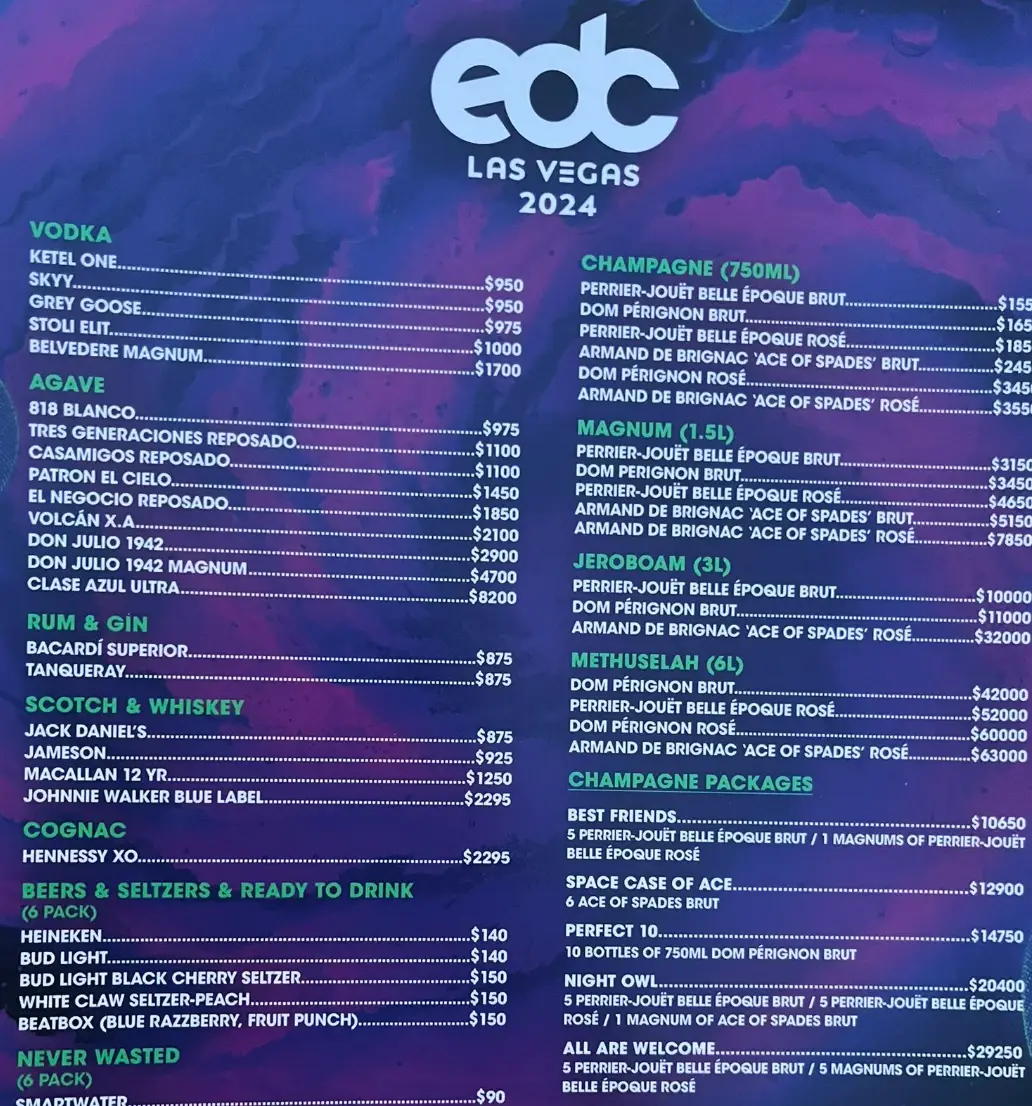 The eye-watering price list at Las Vegas' Electric Daisy Carnival. (EDC Las Vegas)