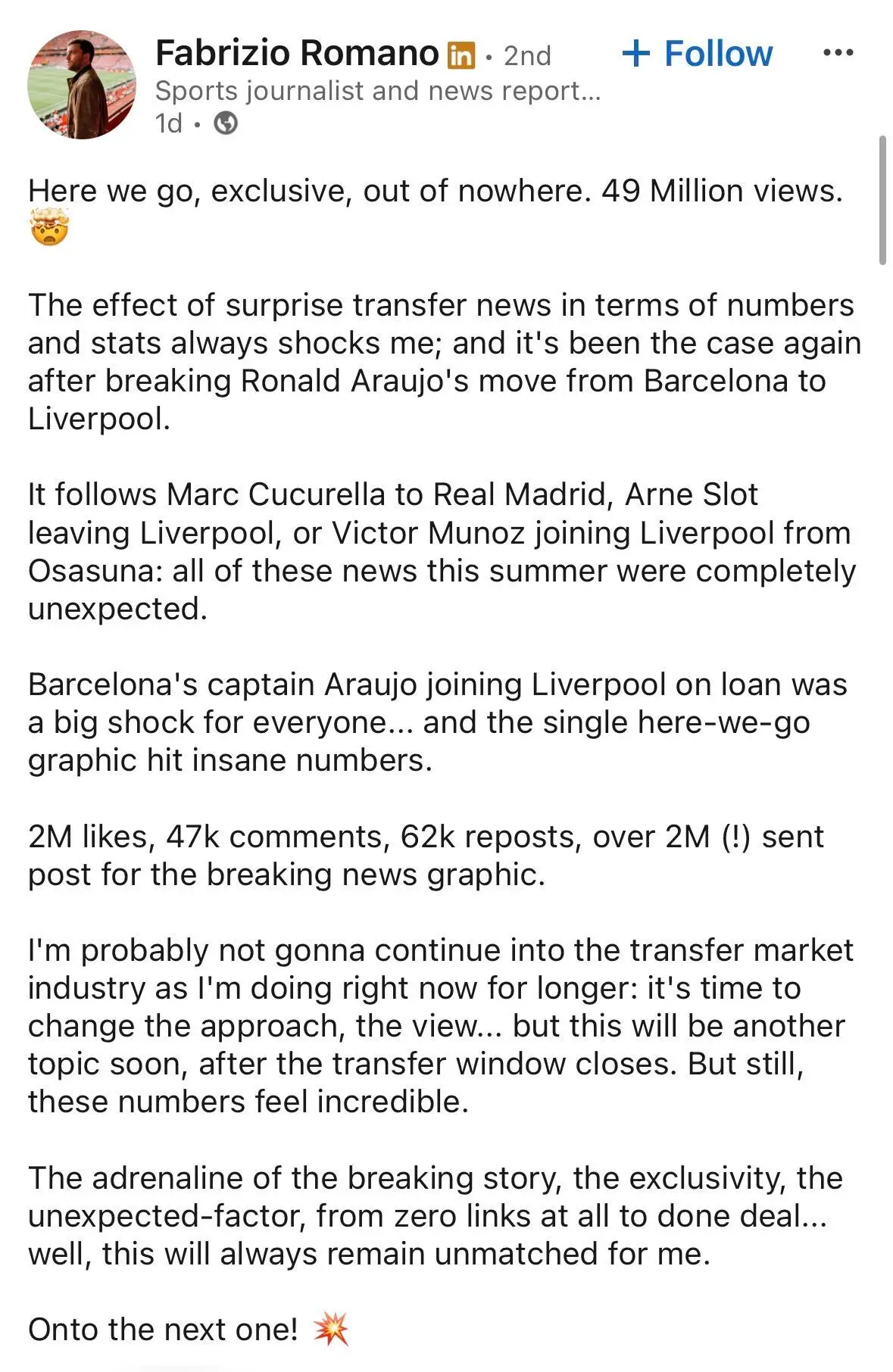 The football journalist shared a major 'here we go' about his own career (LinkedIn)