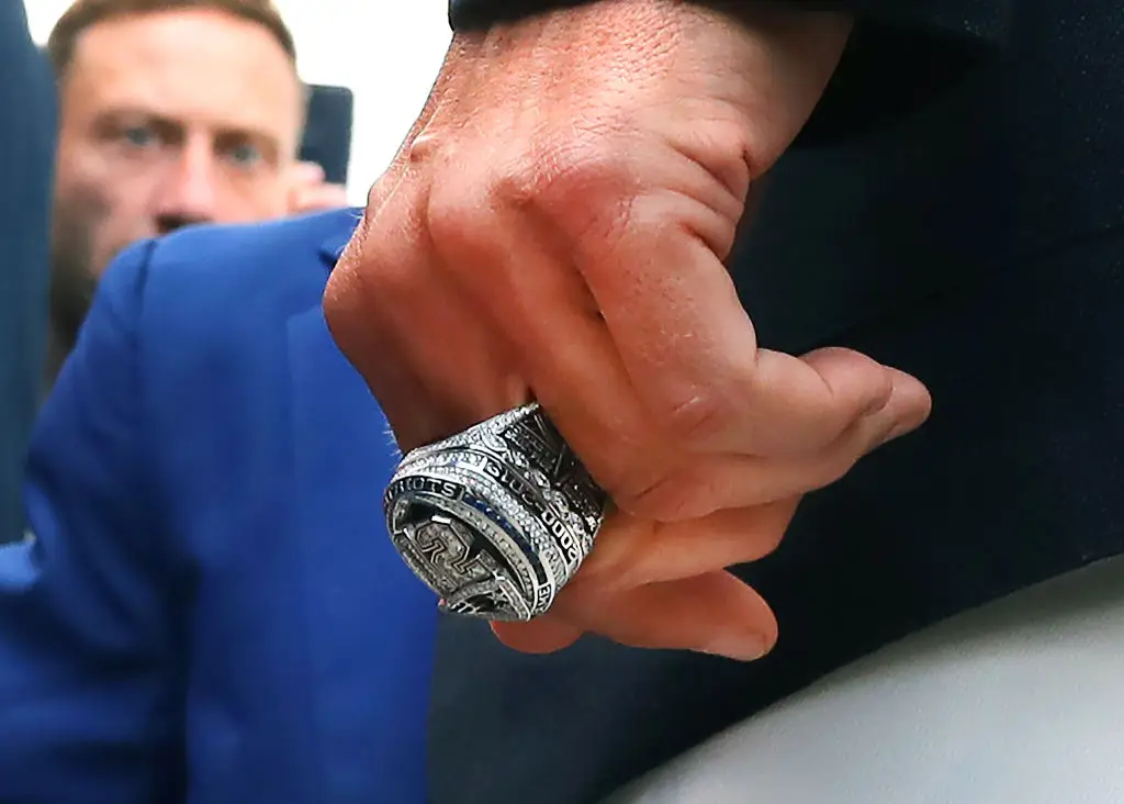 An example of a Super Bowl ring, worn by Tom Brady (John Tlumacki/The Boston Globe via Getty Images)