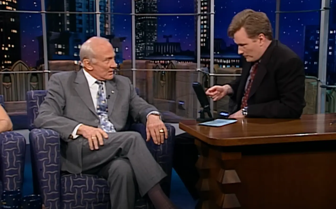 Claims that Buzz Aldrin said the Moon landings were faked come from this 2000 interview with Conan O'Brien (YouTube/@Conan O'Brien)