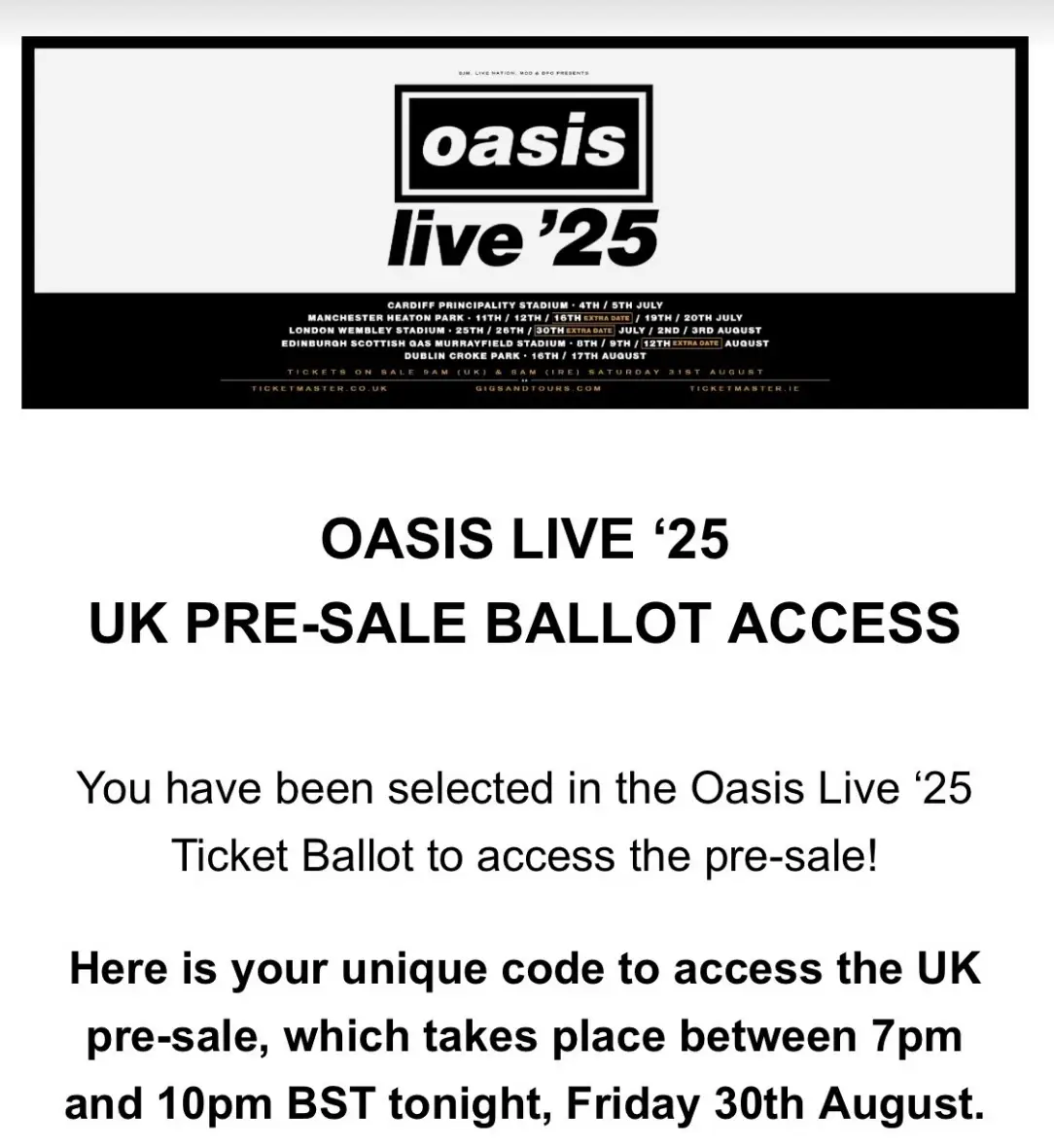 The Oasis presale begins at 7pm. (LADbible)