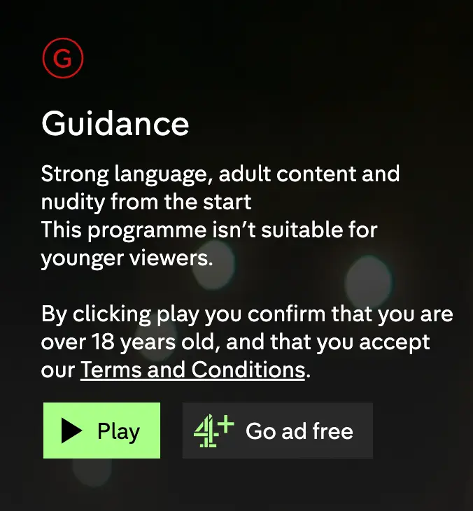 An example of the warnings shown before watching Open House (Channel 4)