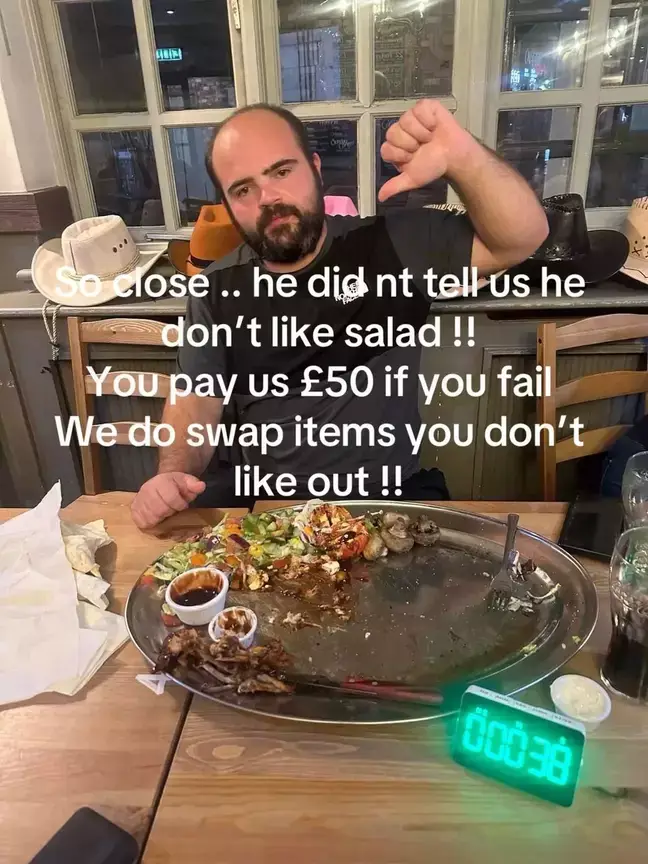 Dan didn't win the Cattlemans mixed grill challenge because he didn't want the salad. but he's been invited back for another go.