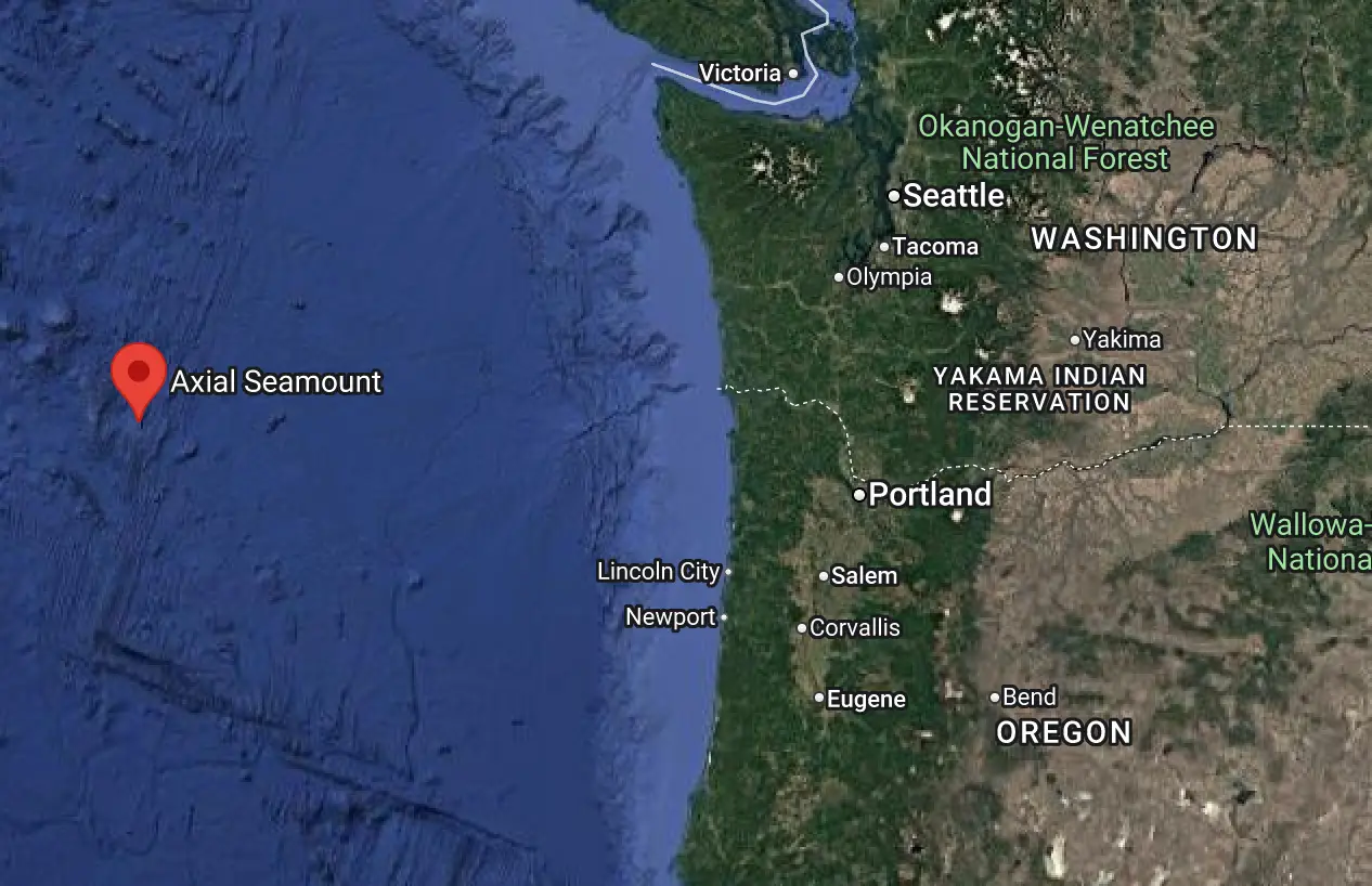 Location of Axial Seamount in regards to the western USA (Google Maps)
