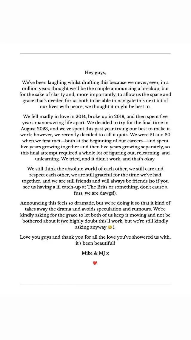The break-up statement, posted online.(Instagram/@mayajama)