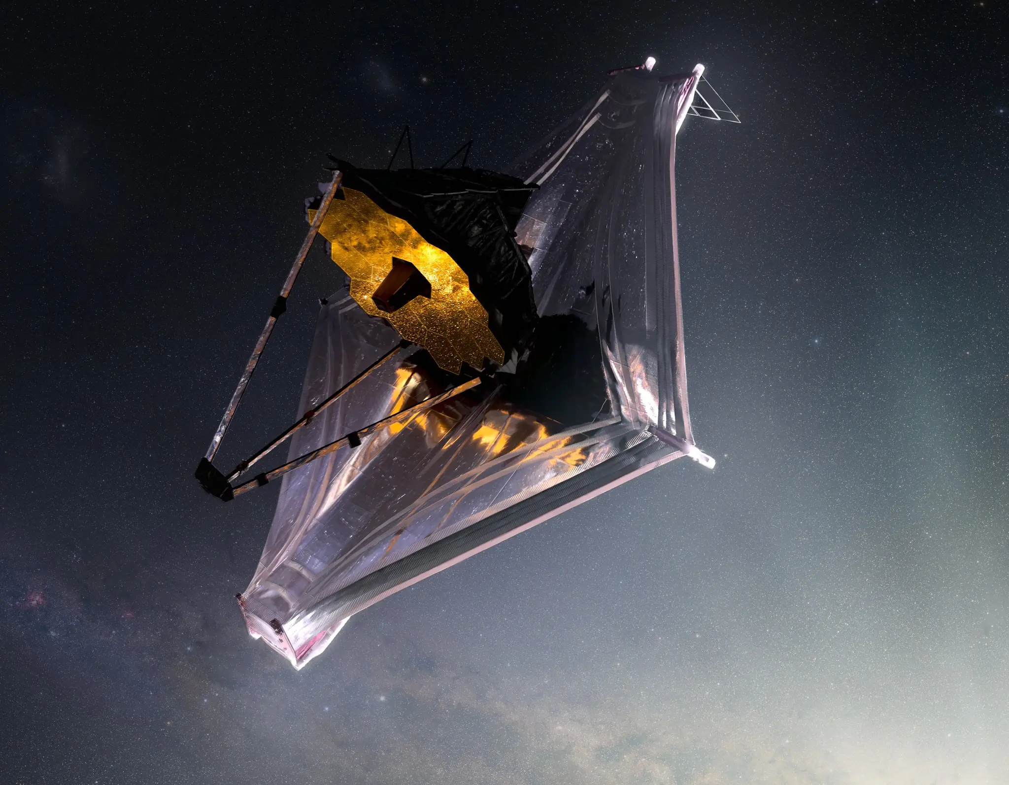 CGI of the James Webb Space Telescope floating through space (JPL / NASA)