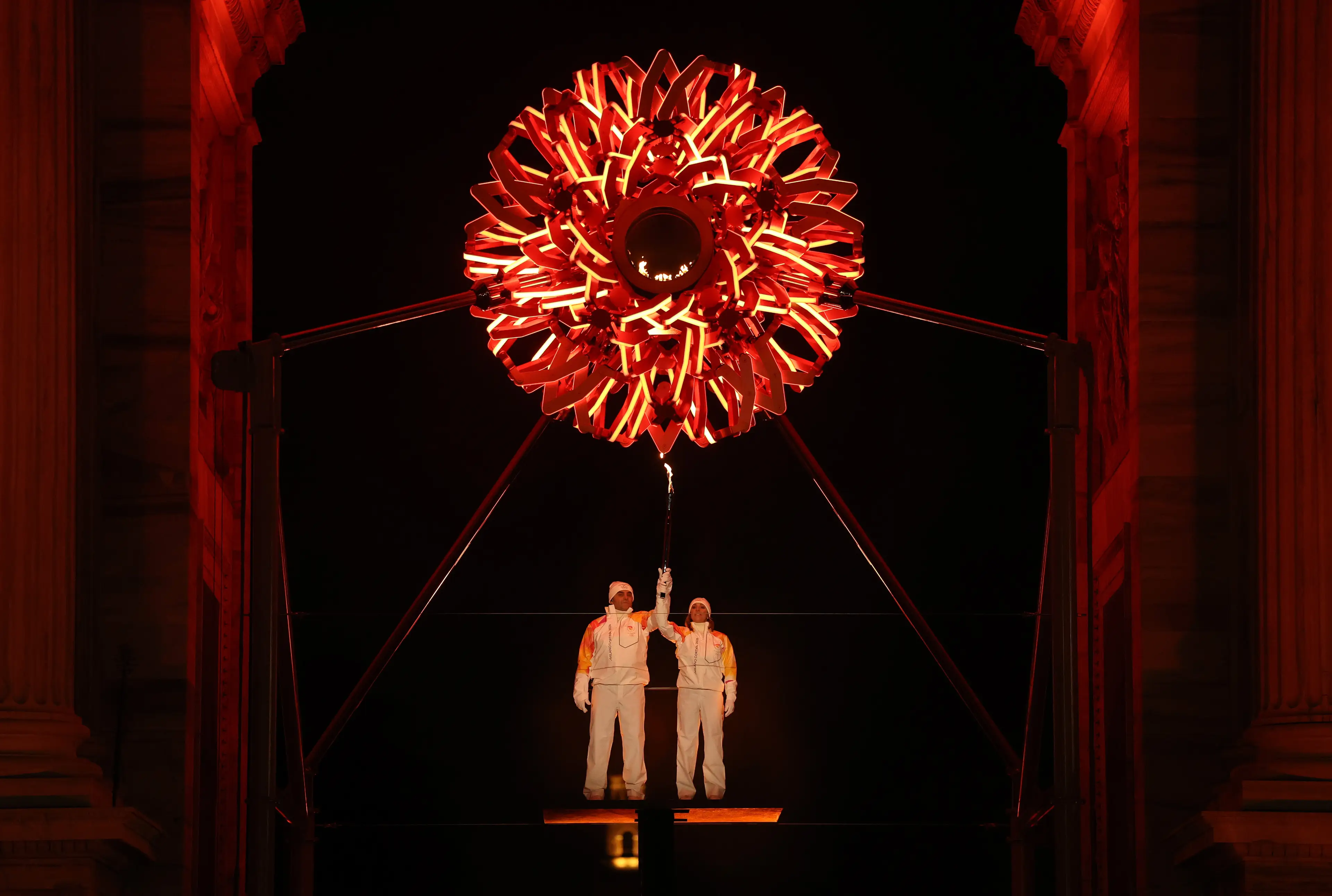 The cauldron in Milan used for the 2026 Winter Olympics opening ceremony, is causing backlash for being 'satanic'. (Lars Baron/Getty Images)