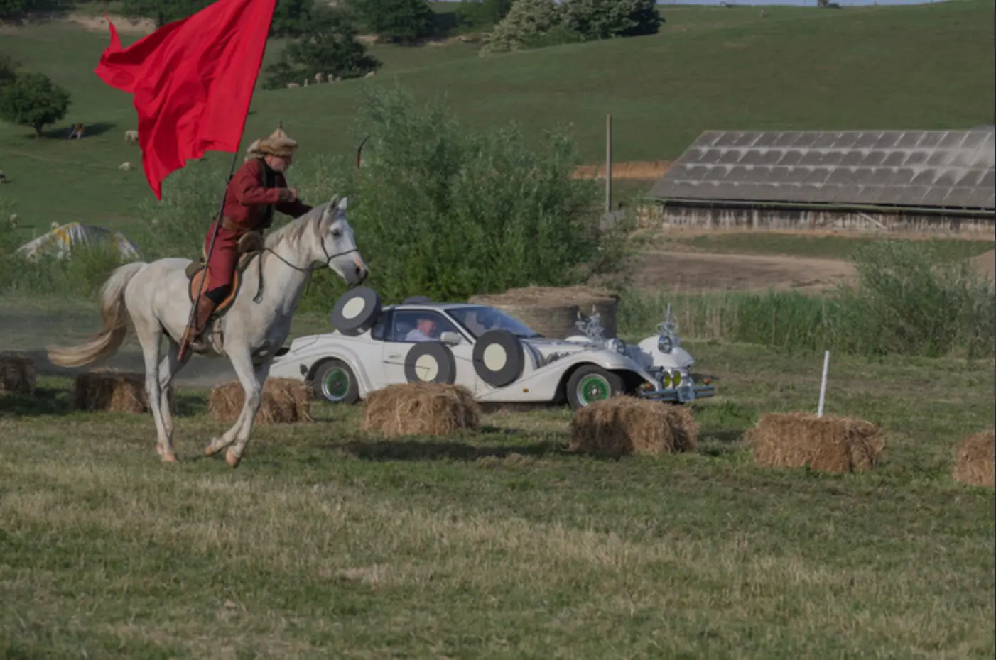 The upcoming episode sees the trio try to evade archers during an epic car chase.