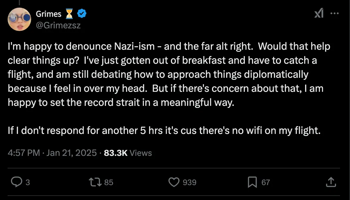 Grimes shared her response after being asked about Elon Musk's actions (X/Grimezsz)