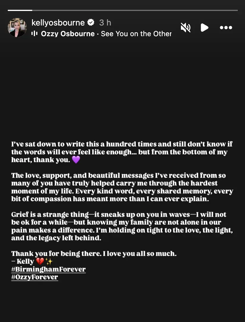 Kelly has issued a touching statement following her dad's funeral (Instagram/@kellyosbourne)