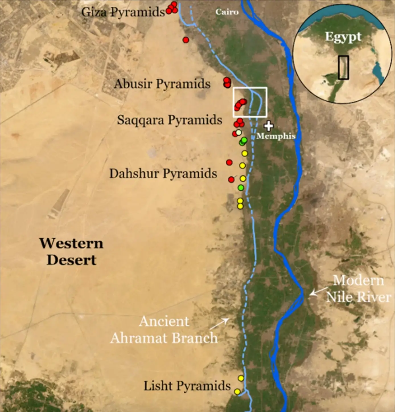 The now dry branch of the Nile along which numerous pyramids were built (Esri, Maxar, Earthstar Geographics)