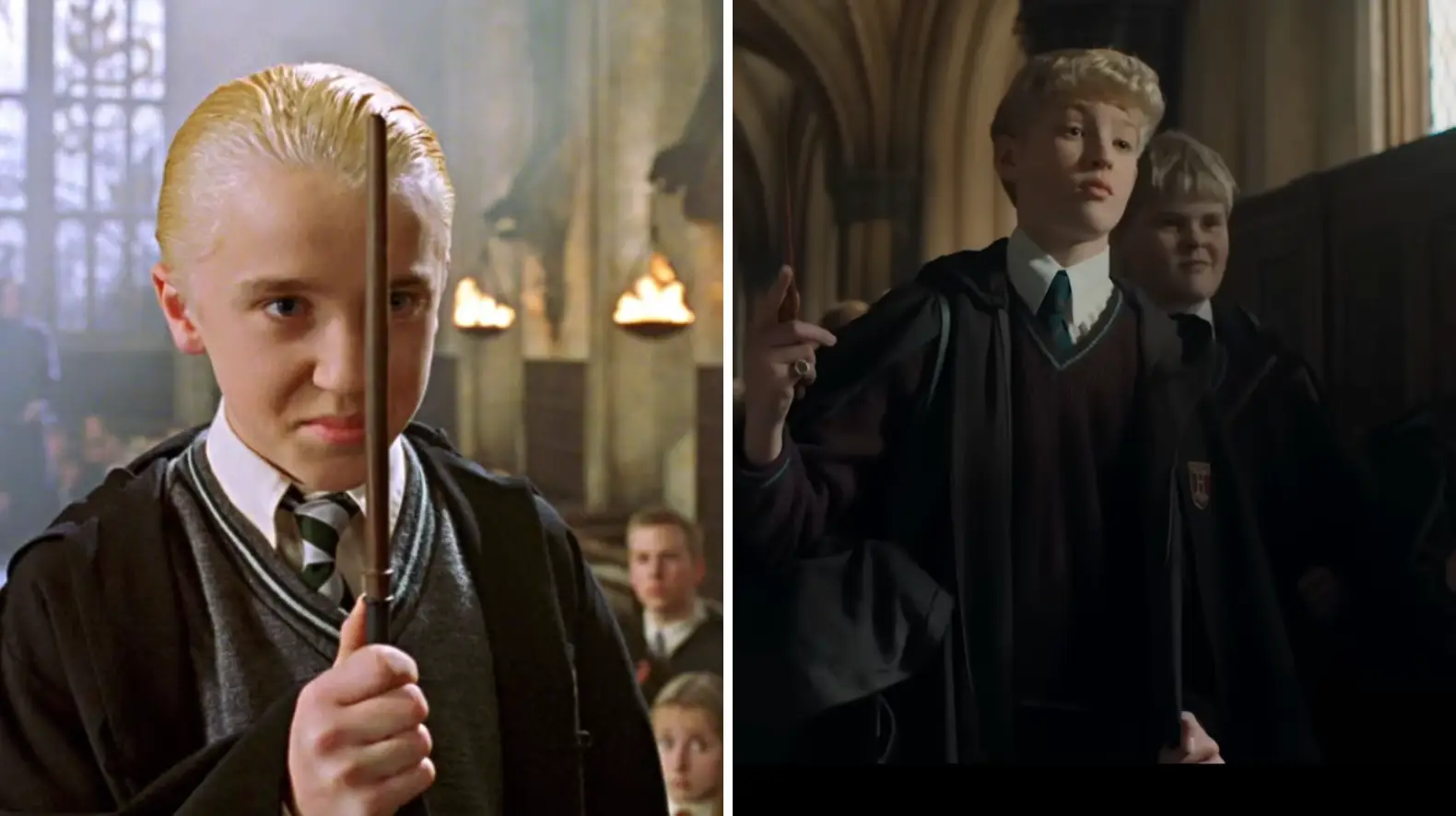 Tom Felton as Draco Malfoy, and Lox Pratt as the character in the series (Warner Bros/HBO)