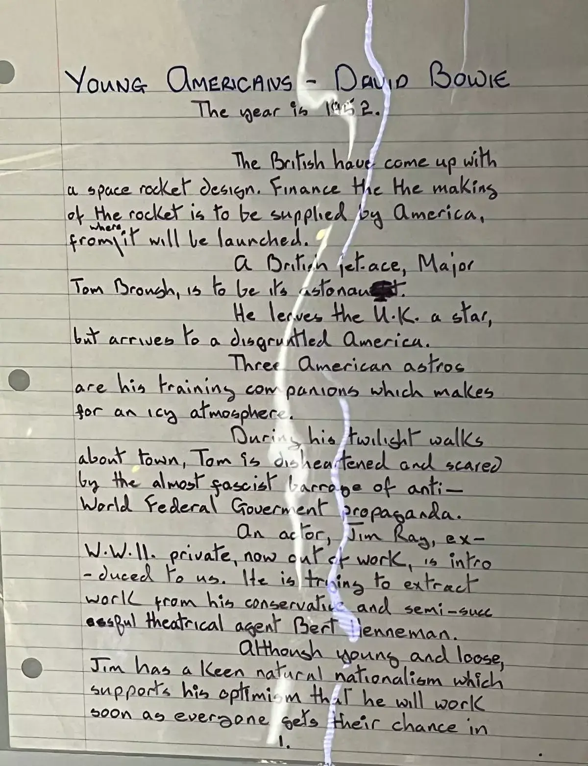 A handwritten synopsis for a film called Young Americans was found (Victoria and Albert Museum London)