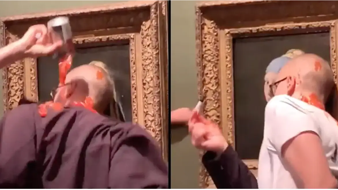 Just Stop Oil activists arrested after bizarrely pouring soup over themselves instead of famous painting