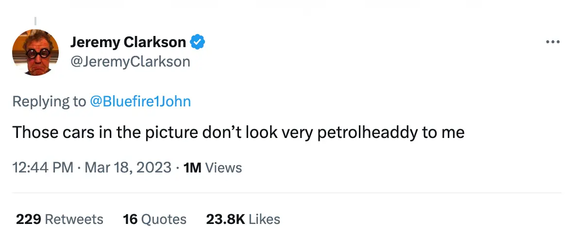 Clarkson said the cars in the farm traffic were not 'petrolheaddy'.