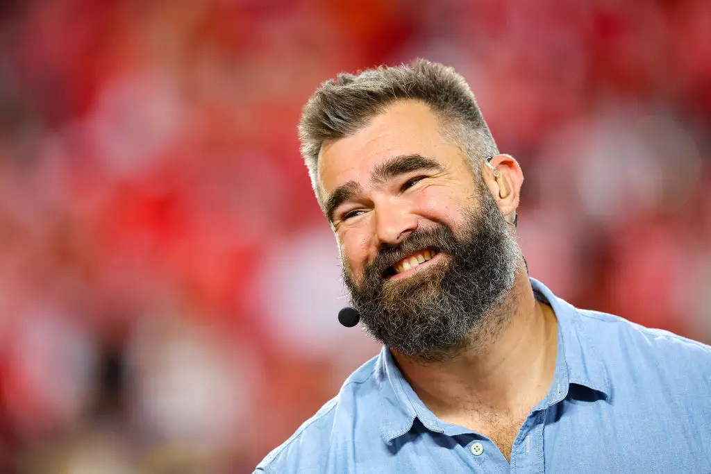 Jason Kelce was heckled by someone who used a homophobic slur to describe his brother's relationship. (David Eulitt/Getty Images)