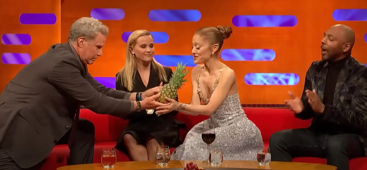 Will Ferrell pinched the pineapple out of the fruit bowl and gave it to Ariana Grande (BBC)