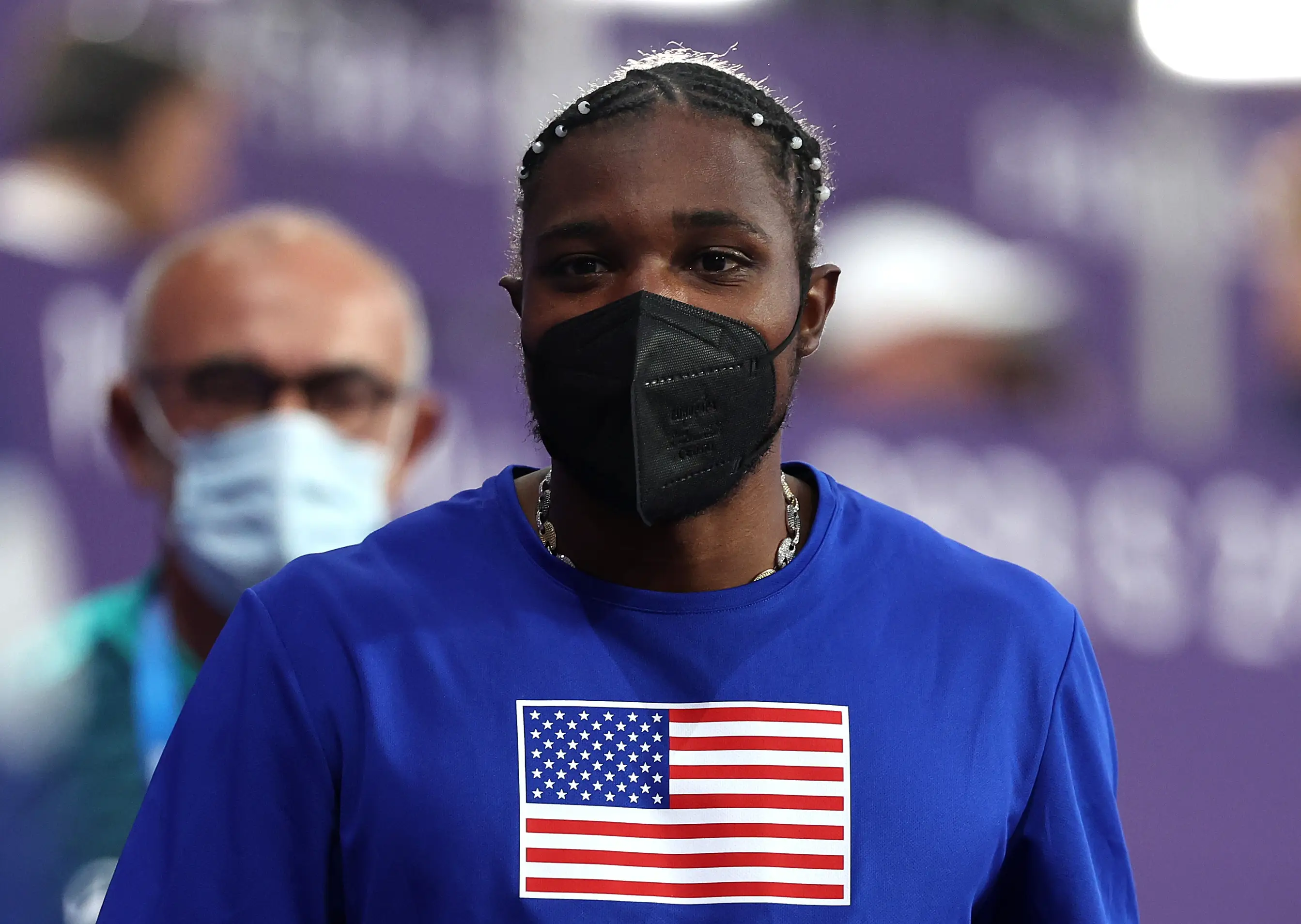 The US athlete was spotted wearing a facemask in the stadium. (Hannah Peters/Getty Images)