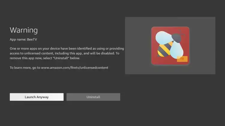 People accessing apps flagged for piracy are getting this message, but some Brits are beginning to get ones which no longer have the option to 'launch anyway' (Amazon)